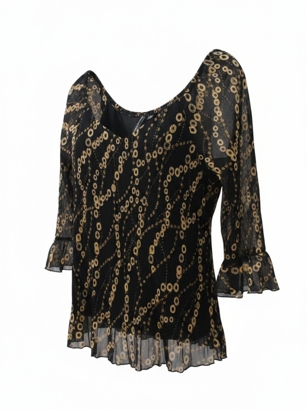 Essentials by Milano Black & Gold Sheer Chain-Print Blouse Flare Sleeves SZ S